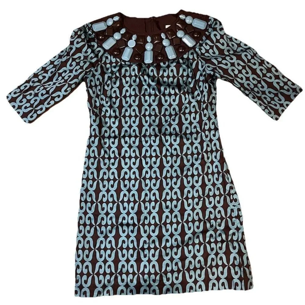 Milly of New York Silk Beaded Collar Shift Mod Dress Size 2 Turquoise Brown - Picture 2 of 7